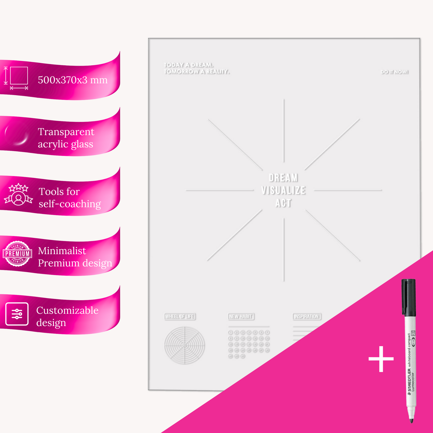 Inspobox™ Vision Board On Acrylic Glass | white 500x370 mm (without stickers) + Glass marker