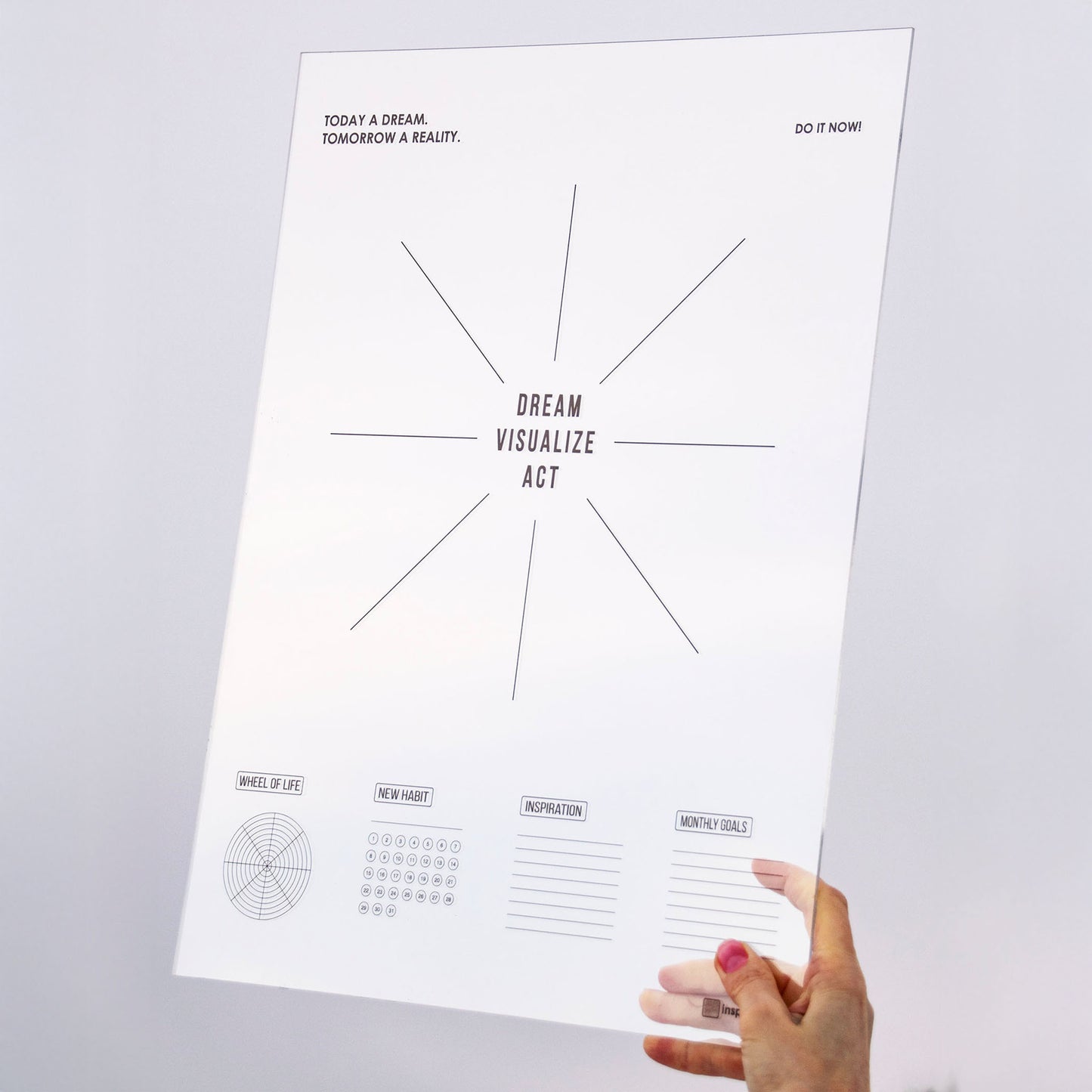 Ready-made set: Inspobox™ Vision Board On Acrylic Glass | 500x370 mm (black) + 5 sets of stickers (116 stickers) + Glass marker