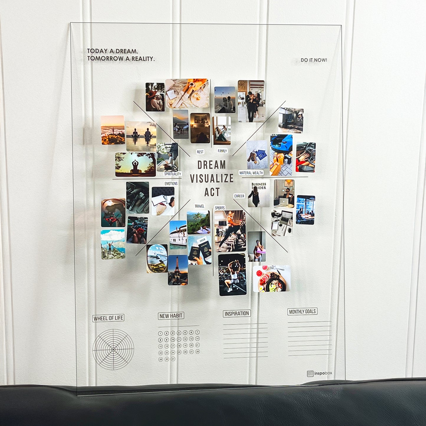 Ready-made set: Inspobox™ Vision Board On Acrylic Glass | 500x370 mm (black) + 5 sets of stickers (116 stickers) + Glass marker
