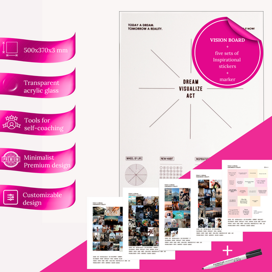 Ready-made set:  Inspobox™ Vision Board On Acrylic Glass | 500x370 mm (black) + 5 sets of stickers (116 stickers) + Glass marker