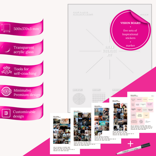 Ready-made set:  Inspobox™ Vision Board On Acrylic Glass | 500x370 mm (white) + 5 sets of stickers (116 stickers) + Glass marker