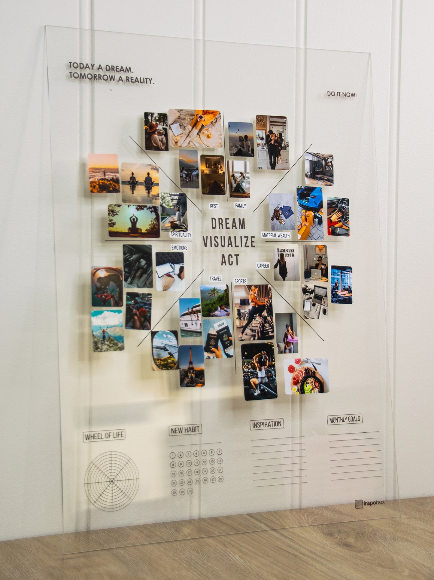 Ready-made set: VISION BOARD 500x370 mm (black/white) + five sets of stickers (116 stickers) - Inspobox | Be inspired