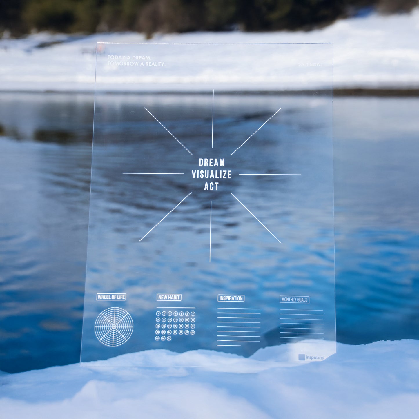 Ready-made set:  Inspobox™ Vision Board On Acrylic Glass | 500x370 mm (white) + 5 sets of stickers (116 stickers) + Glass marker