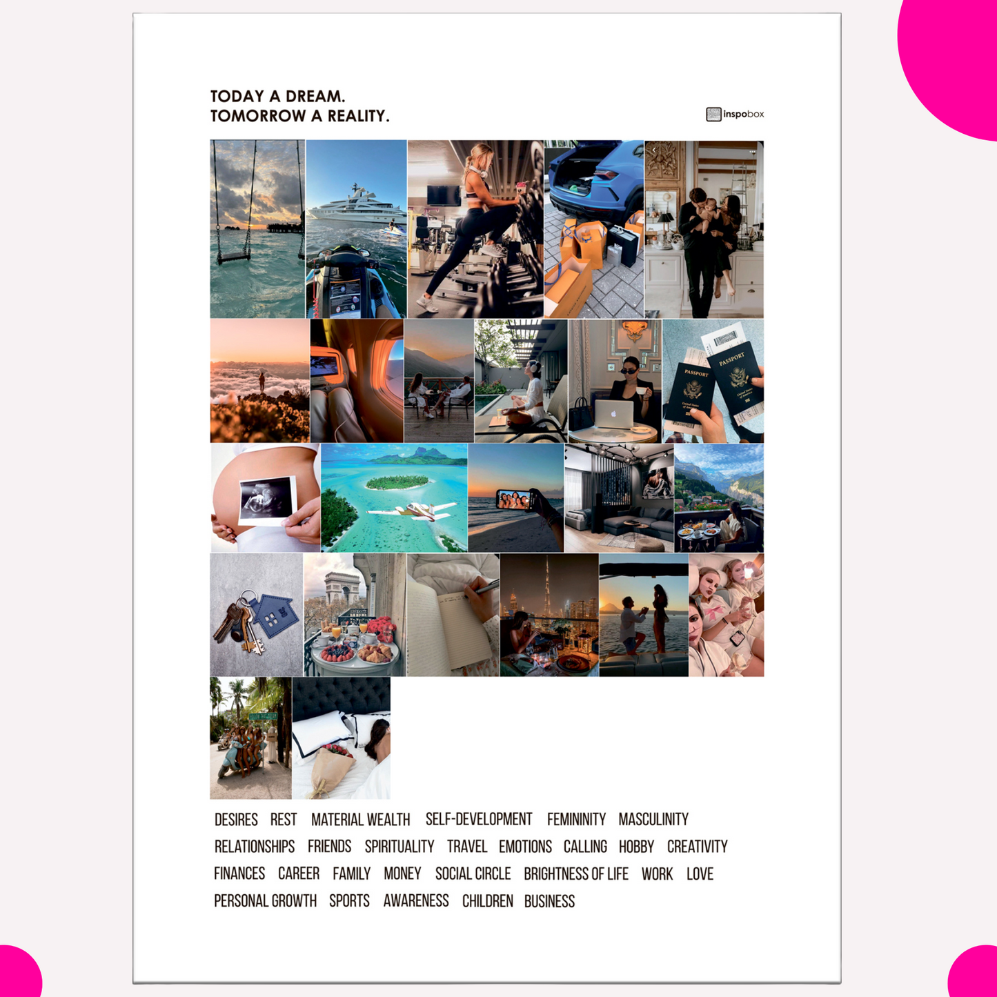 Ready-made set:  Inspobox™ Vision Board On Acrylic Glass | 500x370 mm (black) + 5 sets of stickers (116 stickers) + Glass marker