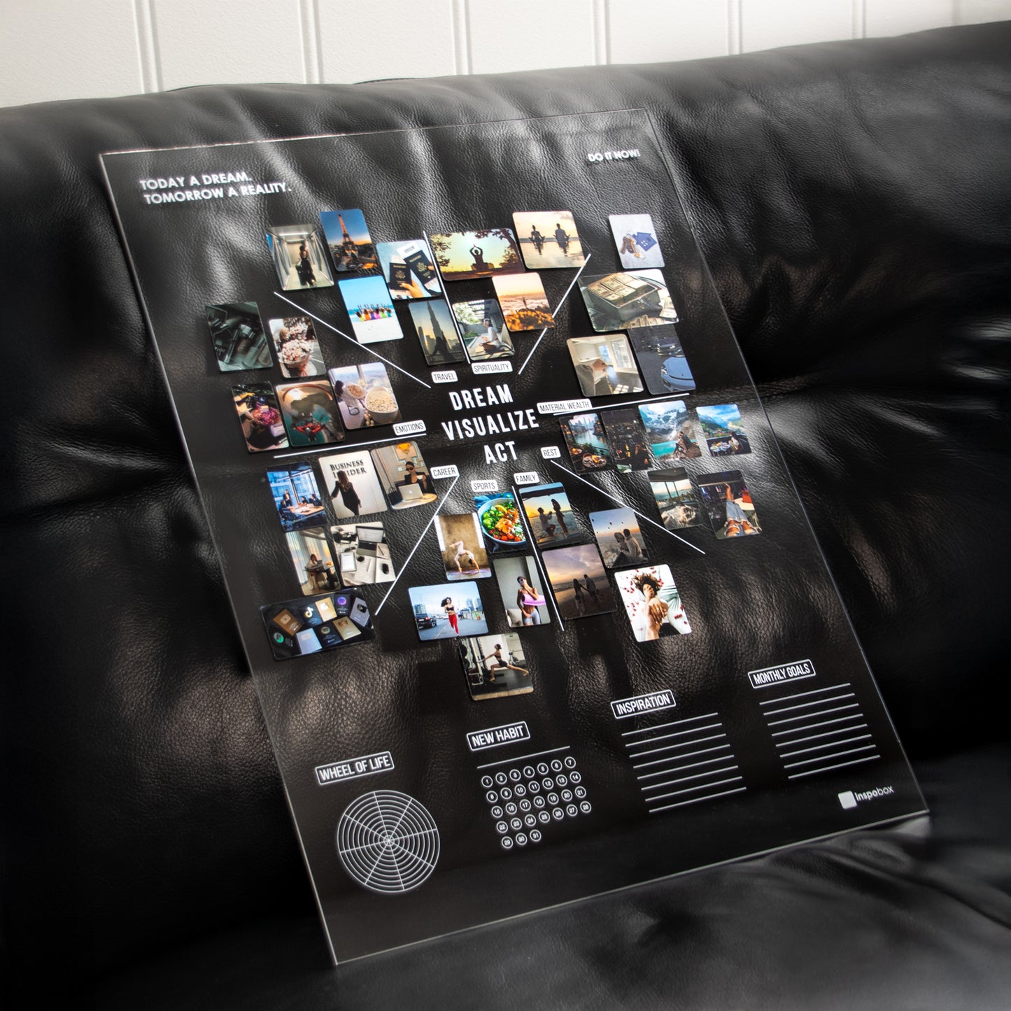 Ready-made set:  Inspobox™ Vision Board On Acrylic Glass | 500x370 mm (white) + 5 sets of stickers (116 stickers) + Glass marker