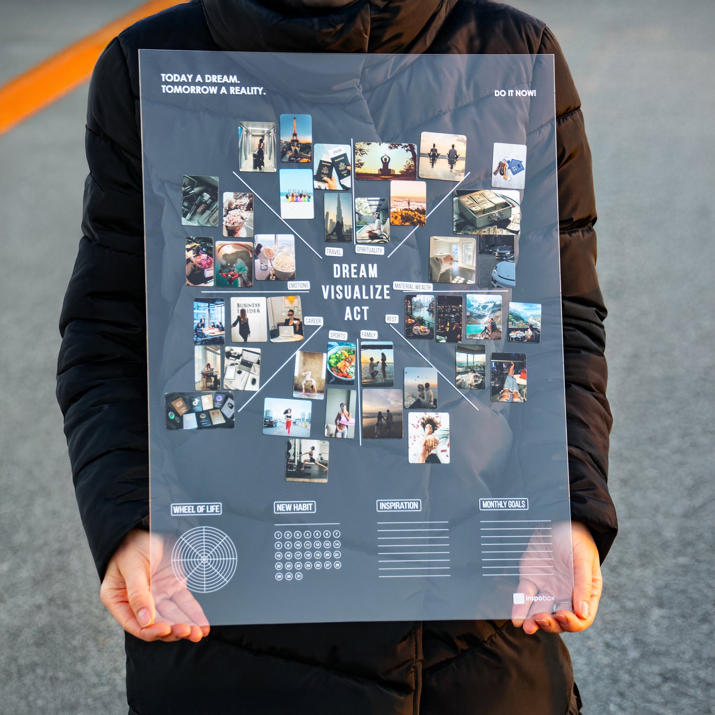 Ready-made set:  Inspobox™ Vision Board On Acrylic Glass | 500x370 mm (white) + 5 sets of stickers (116 stickers) + Glass marker